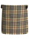 Burberry Women Beige Skirt With Adjustable Belt And All-over Check Motif In Wool Woman In Multi