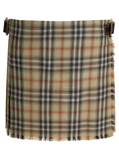 Burberry Women Beige Skirt With Adjustable Belt And All-over Check Motif In Wool Woman In Multi
