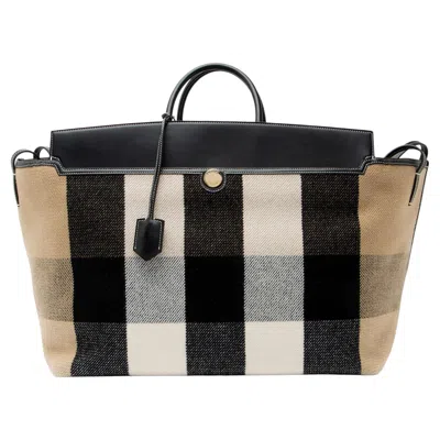 Pre-owned Burberry Wool Check Society Xl Tote In Black