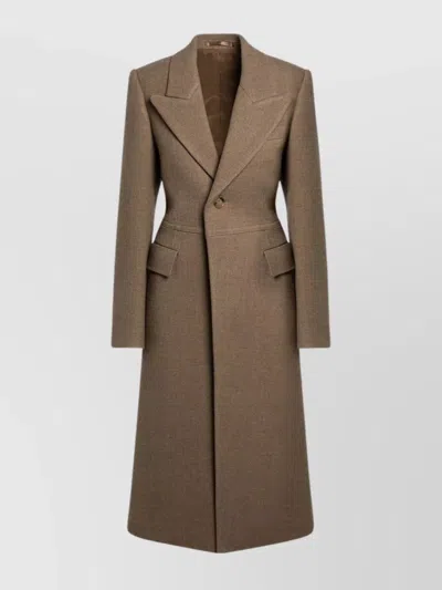 Burberry Wool Coat With Belted Back And Flap Pockets In Brown