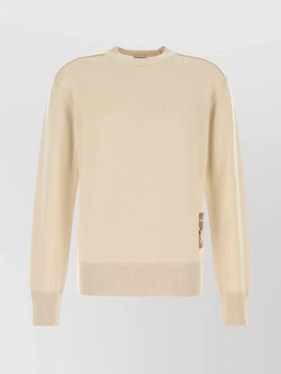 Burberry Wool Crew Neck Sweater With Ribbed Cuffs In Neutral