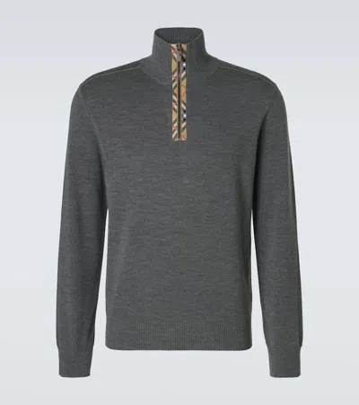 Burberry Turtleneck Check-trim Half-zip Sweater In Gray