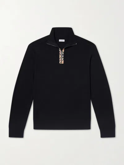 Burberry Men Black Turtleneck Sweater With Check Detail On The Front In Wool And Cotton Man In Multi