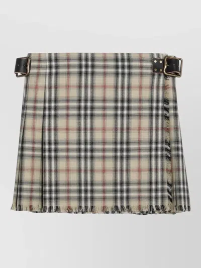 Burberry Wool Mini Kilt Plaid Pleated Buckle Hem In Multi