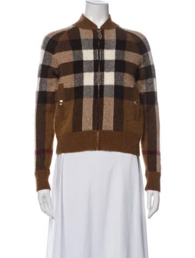 Pre-owned Burberry Wool Plaid Print Bomber Jacket In Brown
