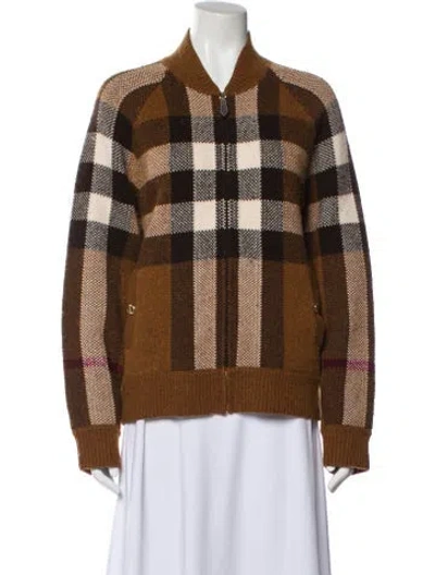 Pre-owned Burberry Wool Plaid Print Bomber Jacket In Brown
