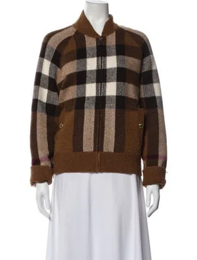 Pre-owned Burberry Wool Plaid Print Bomber Jacket In Brown