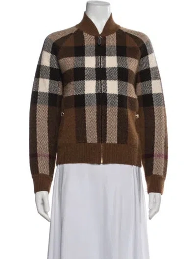 Pre-owned Burberry Wool Plaid Print Bomber Jacket In Brown