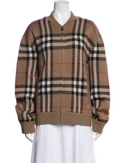 Pre-owned Burberry Wool Plaid Print Bomber Jacket In Neutral