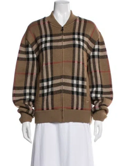 Pre-owned Burberry Wool Plaid Print Bomber Jacket W/ Tags In Brown