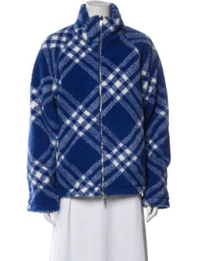 Pre-owned Burberry Wool Plaid Print Faux Fur Jacket In Blue