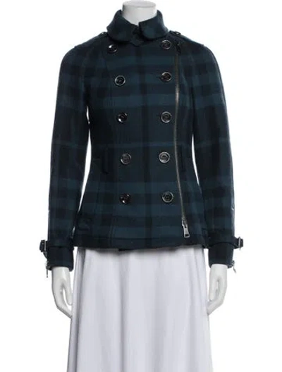 Pre-owned Burberry Wool Plaid Print Jacket In Blue