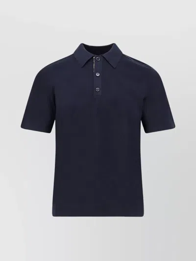 Burberry Wool Polo Shirt With Ribbed Profiles And Short Sleeves In Blue