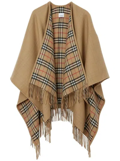 Burberry Beige Wool Cape With Check Pattern Women In Brown