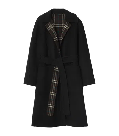 Burberry Wool Reversible Hooded Wrap Coat In Black