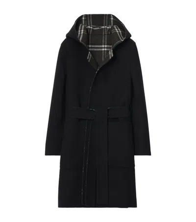 Burberry Wool Reversible Hooded Wrap Coat In Black