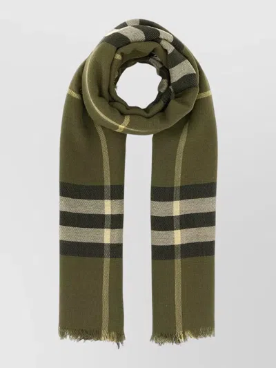 Burberry Wool Scarf Checked Pattern Fringed Edges In Green