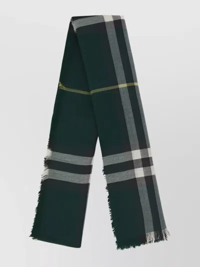 Burberry Wool Scarf Fringed Edges Check Pattern In Green