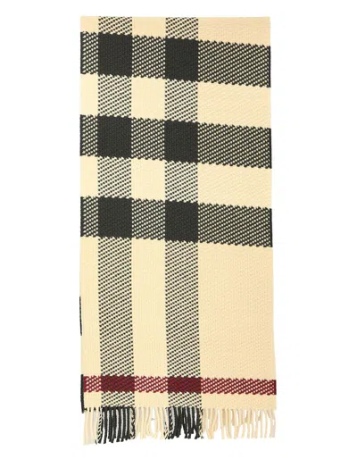 BURBERRY WOOL SCARF WITH BURBERRY CHECK MOTIF AND FRINGED HEMS