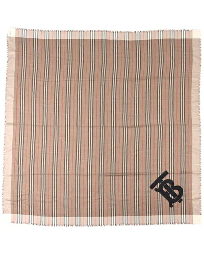 Burberry Wool Silk Gauze Tb Monogram Stripe Heritage Square Scarf (authentic Pre-loved) In Brown