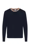 Burberry Crew Neck Knitwear With Distinctive Patterned Collar In Blue