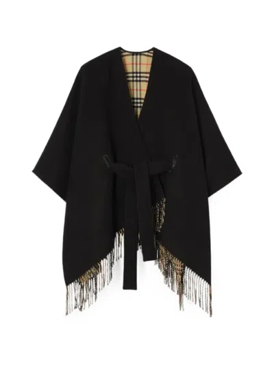 Burberry Wool Cape Scarf With Decorative Fringes In Black