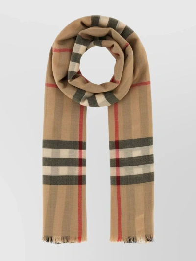 Burberry Woolen Checkered Scarf With Fringed Edges In Brown