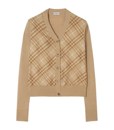 Burberry Wool-silk Check Panel Cardigan In Burgundy