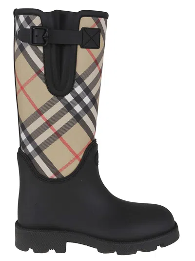 Burberry Woven Check Rain Boots With Adjustable Buckle And Equestrian Design In Black