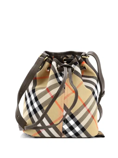Pre-owned Burberry Wristlet Vintage Check Canvas Mini Bucket Bag In Brown