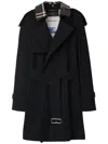 Burberry Trench Coat With Belted Waist And Plaid Collar In Black