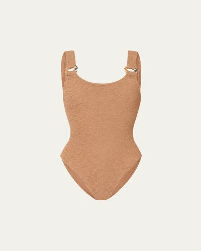 Burberry X Hunza G Domino One-piece Swimsuit In Metallic Cocoa