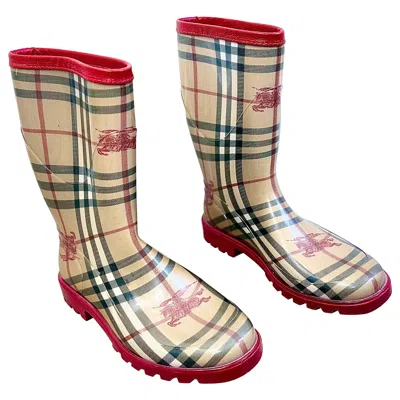 Pre-owned Burberry Y2k Size 37 Vintage Nova Check Plaid Rain Boots Red Trim Rubber Wellies