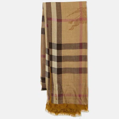 Pre-owned Burberry Yellow Ochre Check Logo Print Modal & Cashmere Stole