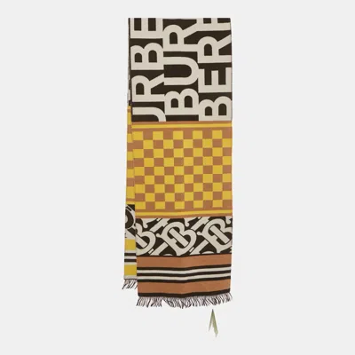 Pre-owned Burberry Yellow/brown Wool Text Checkerboard Football Scarf