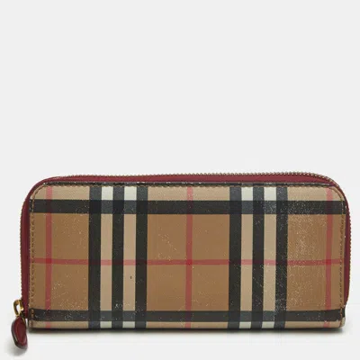Pre-owned Burberry Zip Around Beige House Check Coated Canvas Continental Wallet In Sand
