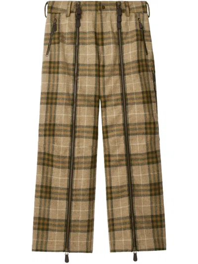 Burberry Straight-leg Zip-detailed Checked Wool Trousers In Green