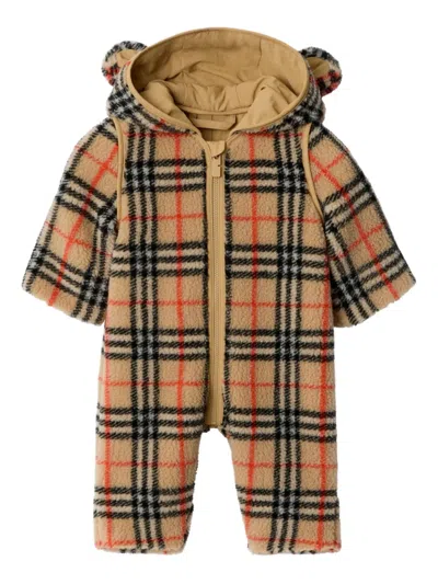 Burberry Babies' Zip-up Hooded Romper In Brown