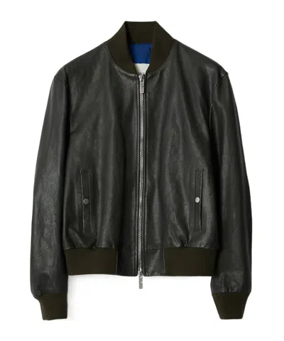 Burberry Leather Bomber Jacket In Black