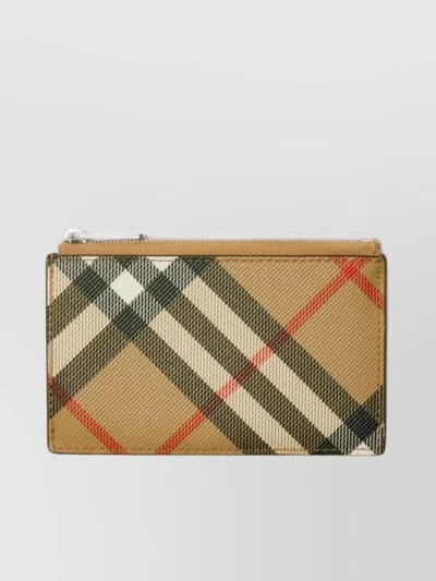 Burberry Zippered Check Card Holder With Metal Accents In Brown