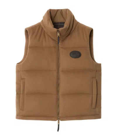 Burberry Zippered Down Vest In Brown