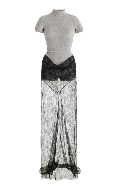 Burc Akyol Draped Chantilly Lace Jersey Maxi Dress In Black