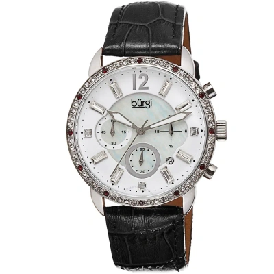 Burgi Crystal Chronograph Black Leather Mother Of Pearl Dial Ladies Watch Bur089bk In Red   / Black / Mop / Mother Of Pearl / White