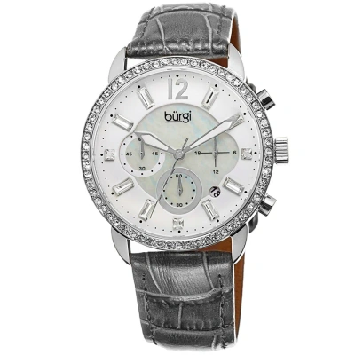 Burgi Crystal Chronograph Grey Leather Mother Of Pearl Dial Ladies Watch Bur089gy In Multi