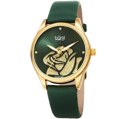 Burgi Diamond Accented Flower Quartz Green Dial Ladies Watch Bur189gn In Gold Tone / Green