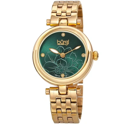 Burgi Flower Marker Quartz Diamond Green Dial Ladies Watch Bur223gn In Gold