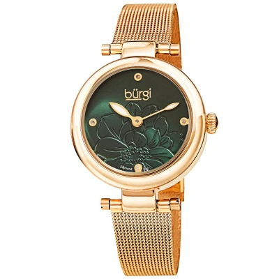 Burgi Flower Marker Quartz Diamond Green Dial Ladies Watch Bur260ygn In Gold