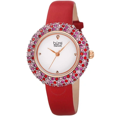 Burgi Ladies Diamond Colored Swarovski Crystal Sparkling Bezel Leather Strap Watch In Red