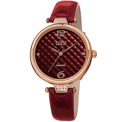 Burgi Ladies Engraved Argyle Diamond Dial Genuine Leather Strap Watch In Red
