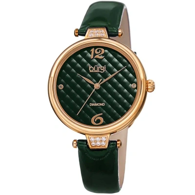 Burgi Ladies Engraved Argyle Diamond Green Dial Green Leather Strap Watch